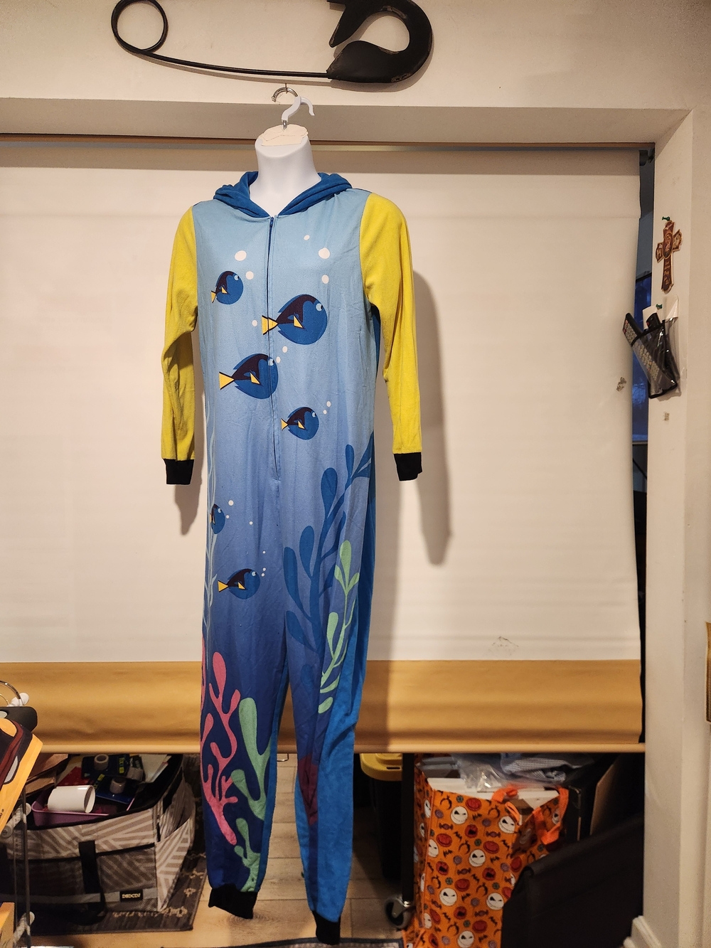 Blue & Yellow Womens Disney Dory Hooded One-Piece Pajamas with Fish Print